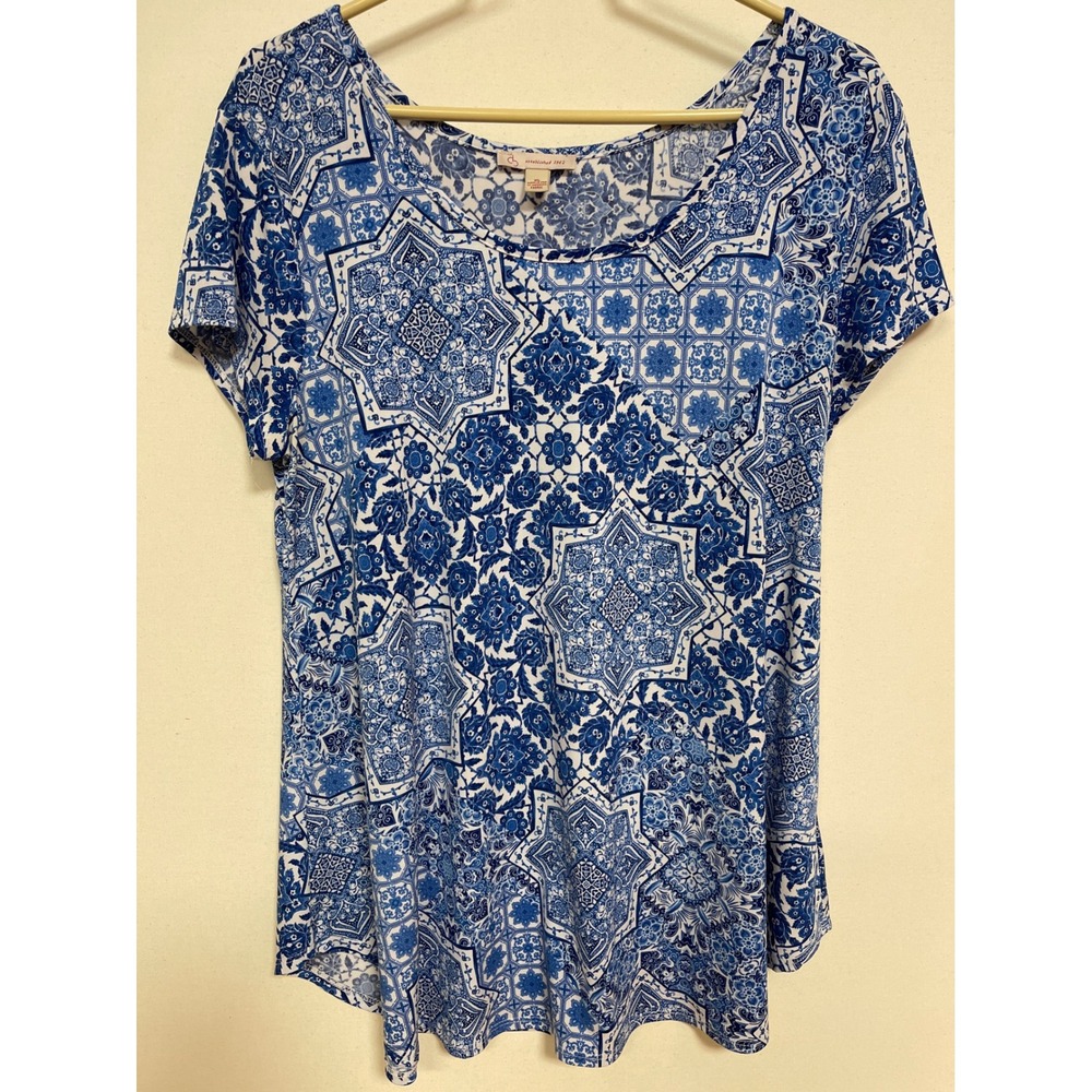 Christopher & Banks Blue White Tile Print Scoop Neck Top XL Short Sleeve Blouse